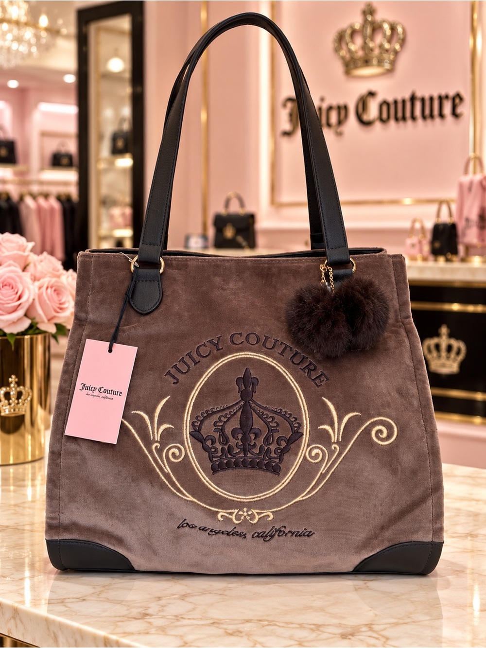 Juicy Couture Magnifique Iced Coffee Crown Tote Bag with Pom-Pom Charm NWT